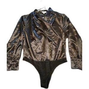 PINK LILY Shiny Black Rayon Med 26" Body Suit Blouse A23